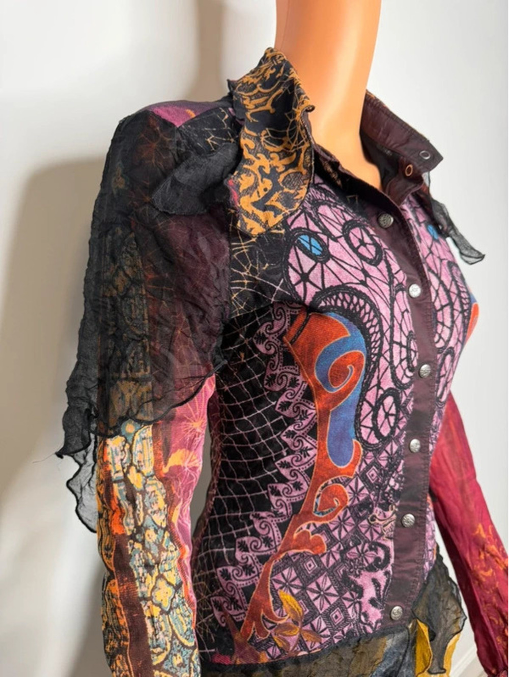 Save the Queen Vintage Gothic Stained Glass Patchwork Shirt Y2K Mesh Ruffle Hem - Picture 2 of 10